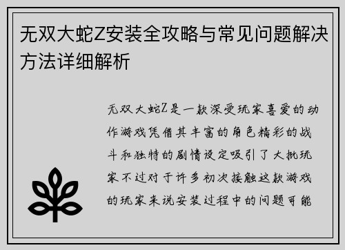 无双大蛇Z安装全攻略与常见问题解决方法详细解析
